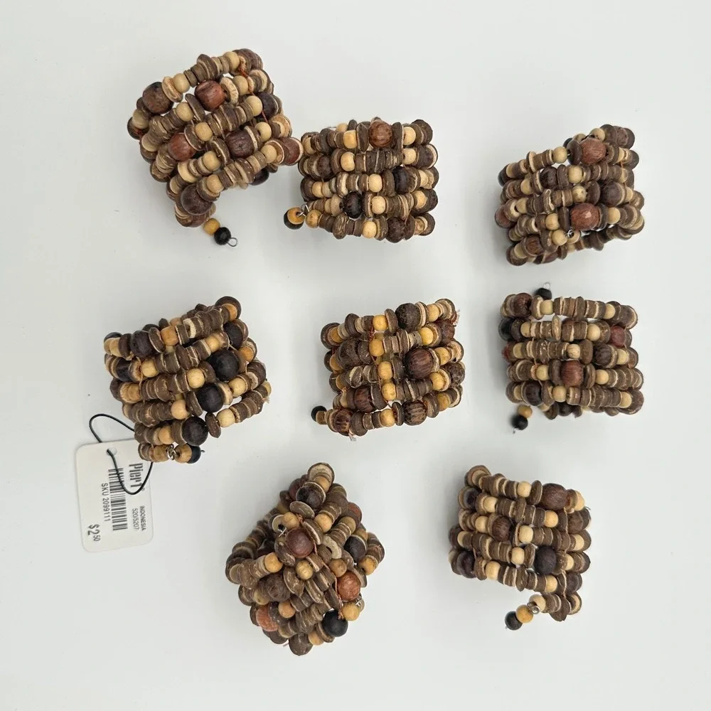 Pier 1 Napkin Rings Set of 8 Brown Woven Wood Bead Memory Wire Boho Coastal